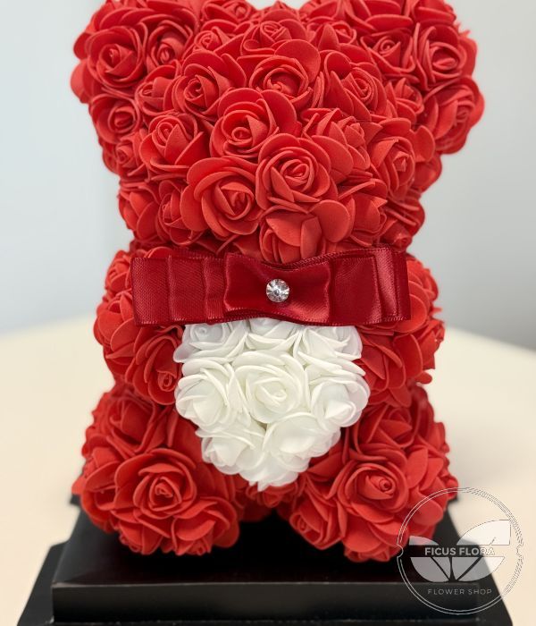 Forever Love Red Rose Teddy Bear with White Heart. Flowers Ontario