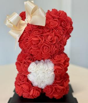 Eternal Love Red Rose Teddy Bear with White Heart and Gold Bow. Fresh flower bouquets in Toronto