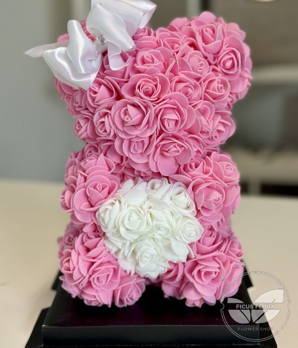 Forever Love Pink Rose Teddy Bear with White Heart