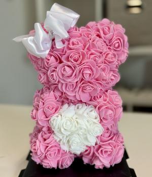 Forever Love Pink Rose Teddy Bear with White Heart and White Bow. Fresh flower bouquets in Toronto