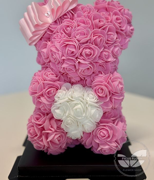 Forever Love Pink Rose Teddy Bear with White Heart