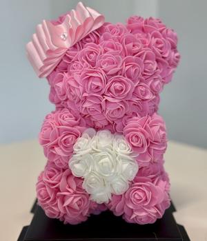 Forever Love Pink Rose Teddy Bear with White Heart and Pink Bow. Fresh flower bouquets in Toronto