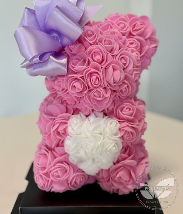 Forever Love Pink Rose Teddy Bear with White Heart