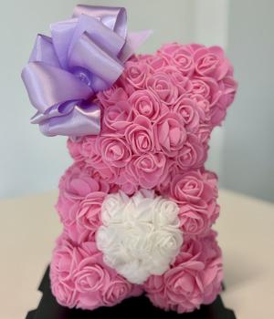 Forever Love Pink Rose Teddy Bear with White Heart and Purple Bow. Fresh flower bouquets in Toronto