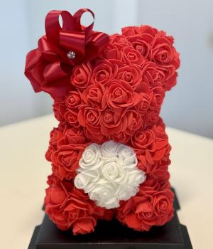 Forever Love Red Rose Teddy Bear with White Heart and Red Bow. Fresh flower bouquets in Toronto