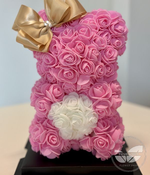 Forever Love Pink Rose Teddy Bear with White Heart