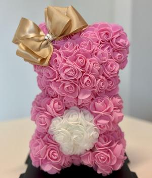 Forever Love Pink Rose Teddy Bear with White Heart and Gold Bow. Fresh flower bouquets in Toronto
