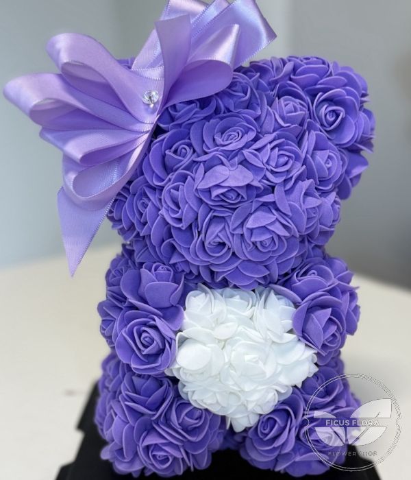 Luxury Purple Rose Bear in Gift Box – Elegant Floral Teddy by Ficus Flora Toronto
