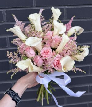 Elegant Bridal Bouquet: White Calla Lilies & Soft Pink Roses. Fresh flower bouquets in Toronto
