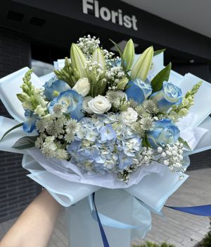Azure Dream Bouquet – Blue Hydrangea, Roses & Lilies. Fresh flower bouquets in Toronto