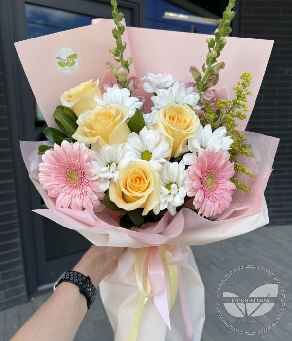 Morning Glow Bouquet – Yellow Roses & Pink Gerberas