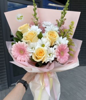 Morning Glow Bouquet – Yellow Roses & Pink Gerberas. Fresh flower bouquets in Toronto