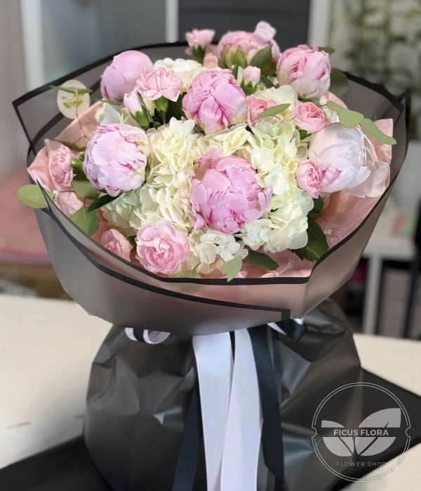 Modern Pink Peony, Carnation & White Hydrangea Wrapped Bouquet