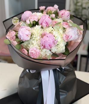 Modern Pink Peony, Carnation & White Hydrangea Wrapped Bouquet. Fresh flower bouquets in Toronto