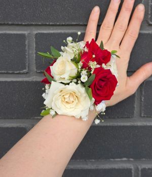 Classic Red & White Rose Prom Corsage and Boutonniere Set. Fresh flower bouquets in Toronto