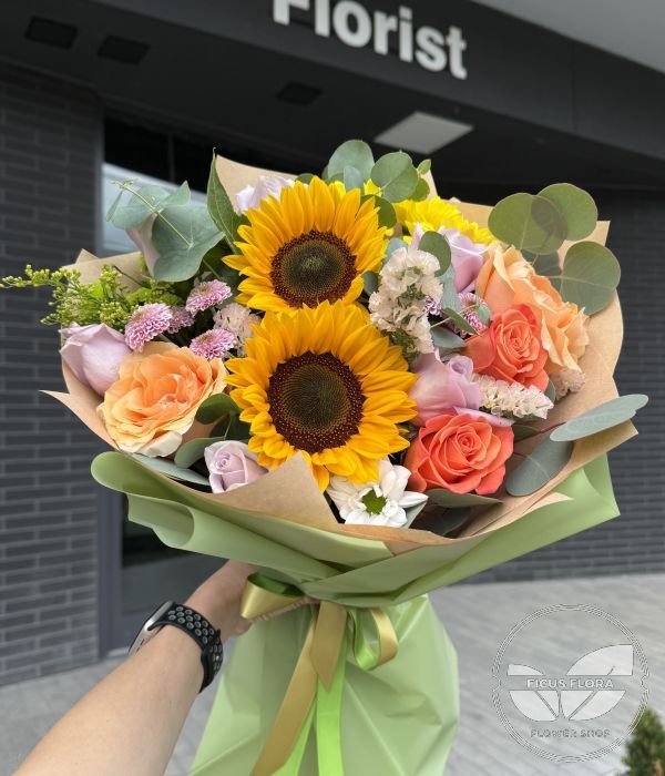 Sunny Citrus Sunflower & Peach Rose Mixed Bouquet