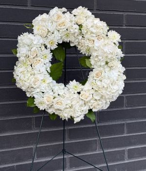 Elegant White Rose & Hydrangea Sympathy Wreath. Fresh flower bouquets at Ficus Flora flower shop in North York