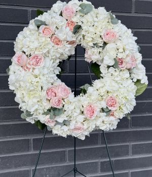 Ethereal Blush Sympathy Wreath. Fresh flower bouquets at Ficus Flora flower shop in North York