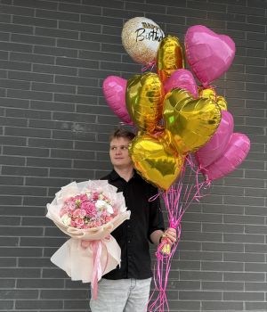 Pink & Gold Heart Balloons Set (15 pcs). Fresh flower bouquets at Ficus Flora flower shop in North York