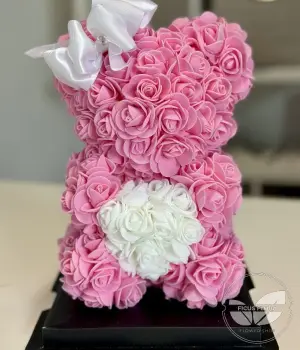 Forever Love Pink Rose Teddy Bear with White Heart. Fresh flower bouquets in Toronto | Ficus Flora