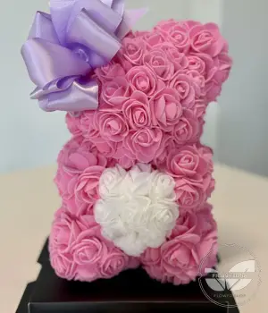 Forever Love Pink Rose Teddy Bear with White Heart. Fresh flower bouquets in Toronto