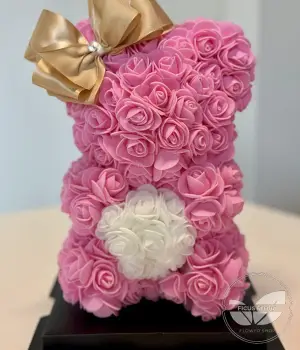 Forever Love Pink Rose Teddy Bear with White Heart. Fresh flower bouquets in Toronto